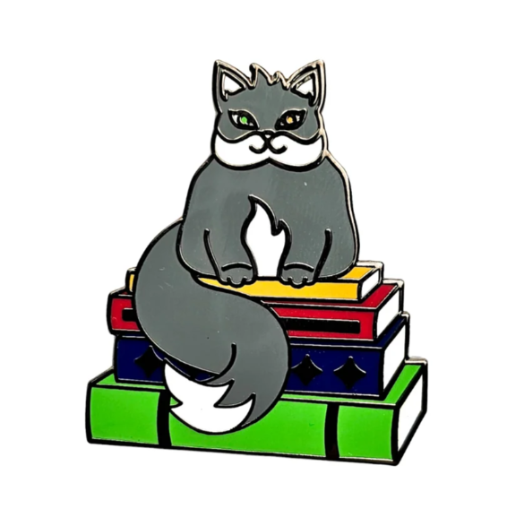 Book Cat Pin- Hard Enamel Pin - Grey