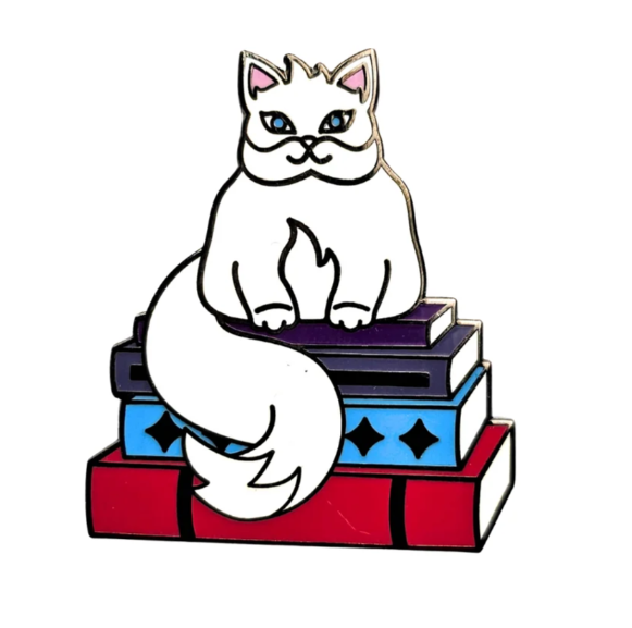 Book Cat Pin- Hard Enamel Pin - White